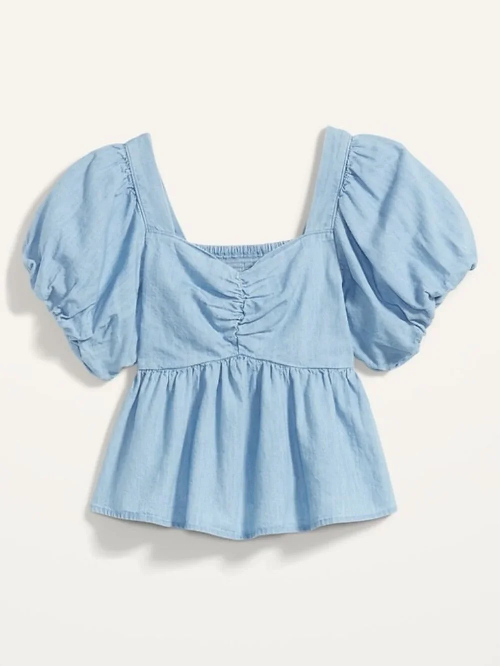 Old Navy Chambray Puff-Sleeve Waist-Defined Top
